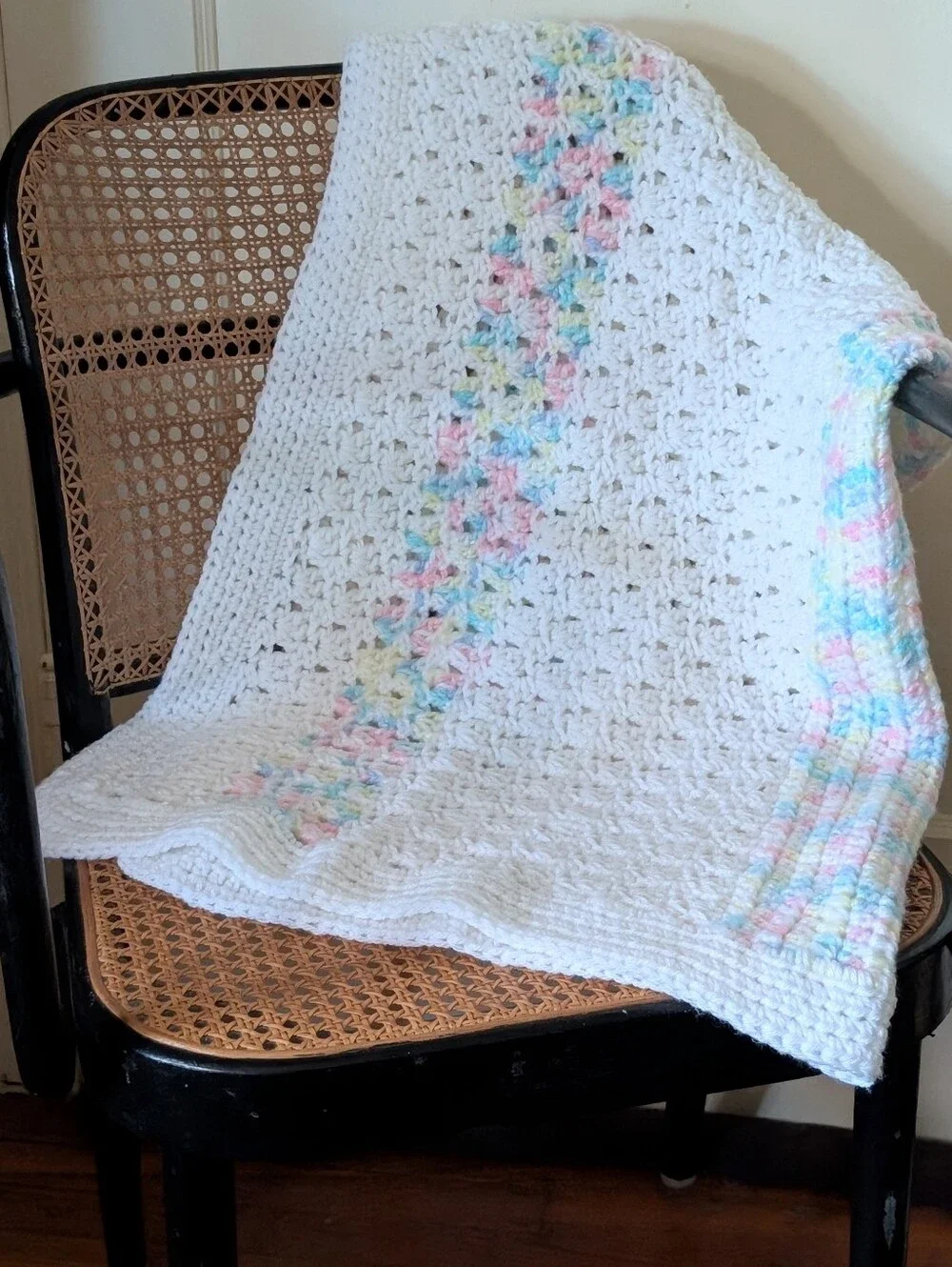 Handmade White Crochet Blanket / Knitted Throw Blanket with Pastel Stripes 36x36